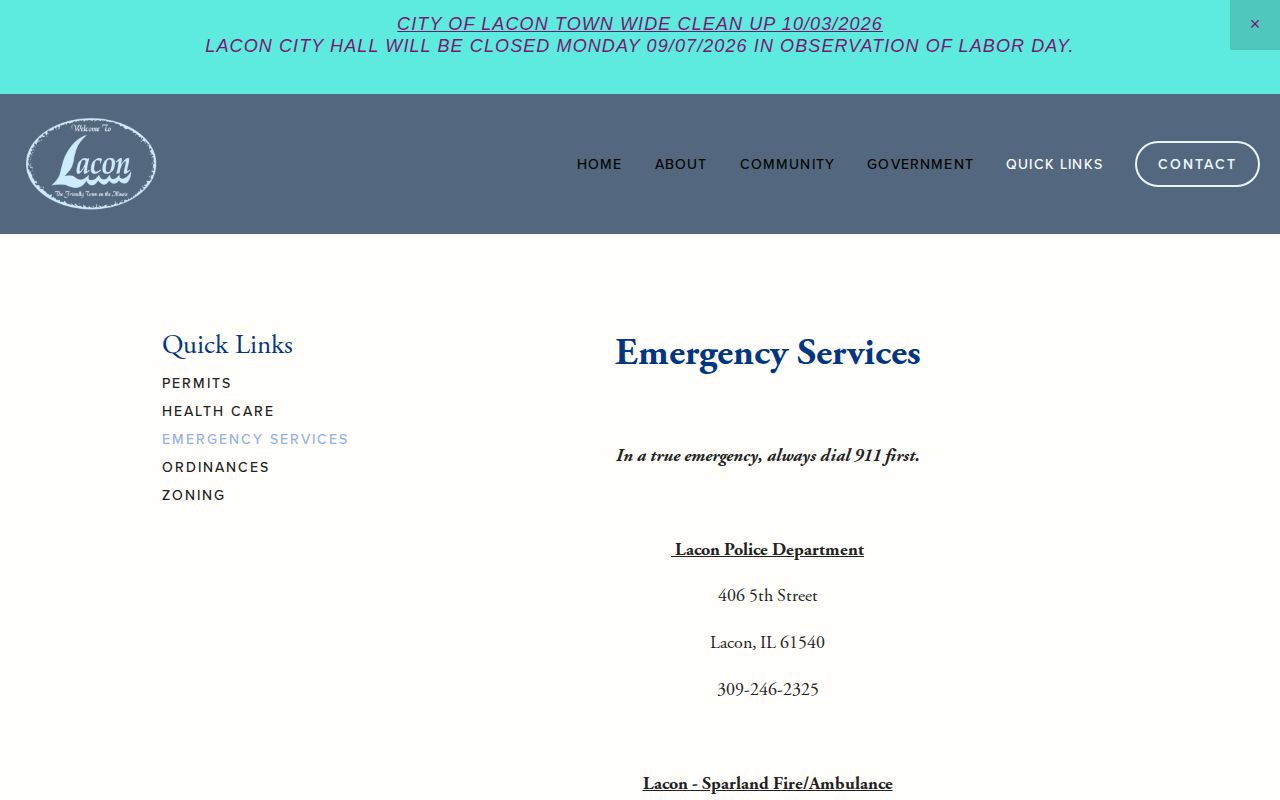 Official Lacon emergency services page with police and sheriff contact information